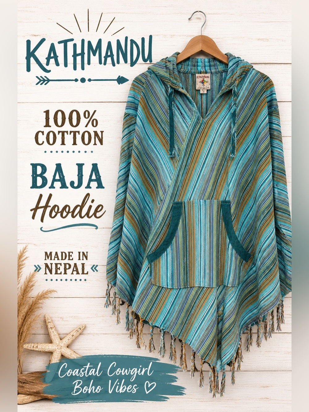 Kathmandu 100% Cotton Baja Hoodie Poncho Pullover Made in Nepal